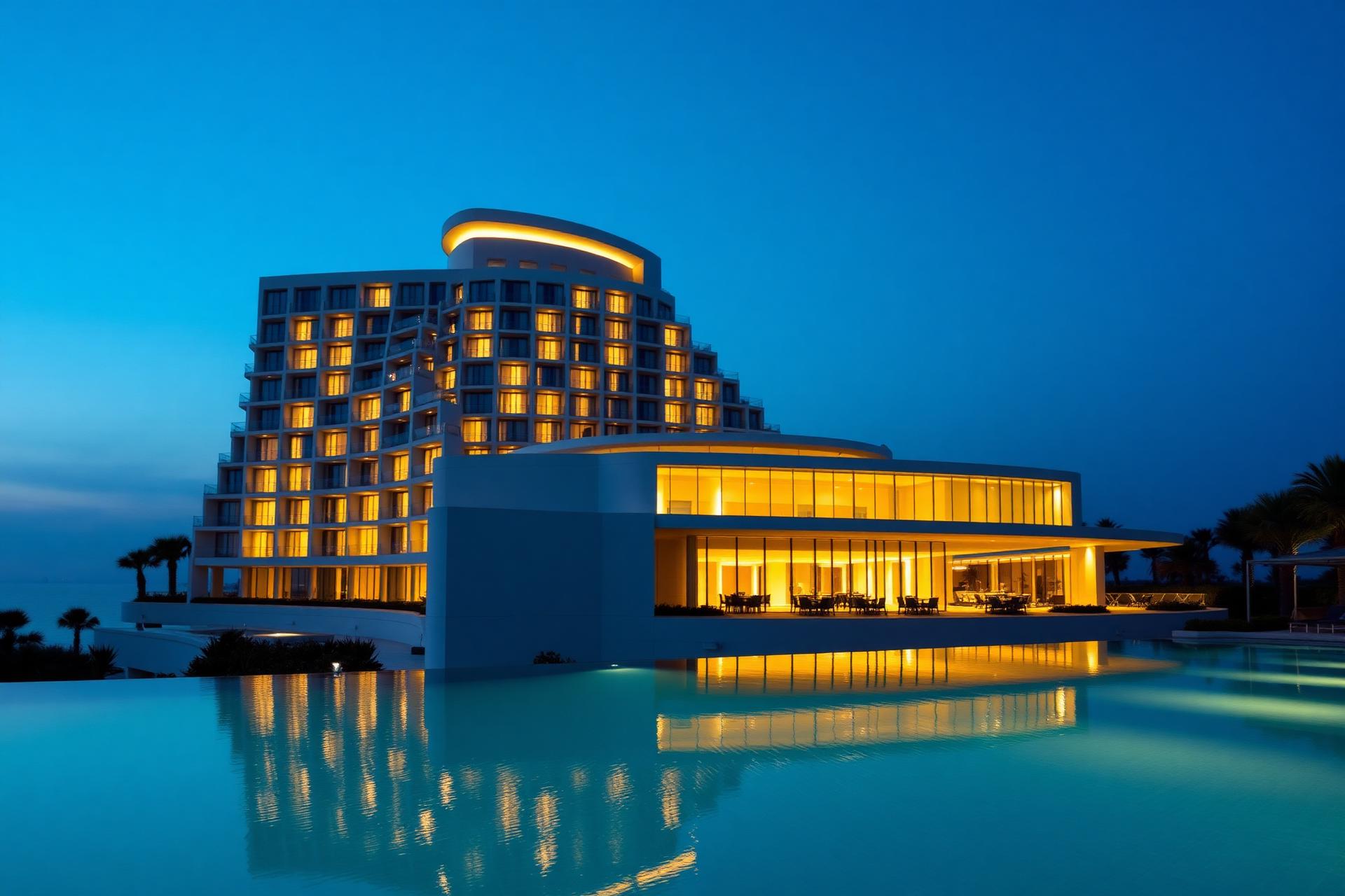 Luxury hotel exterior illuminated at dusk with infinity pool