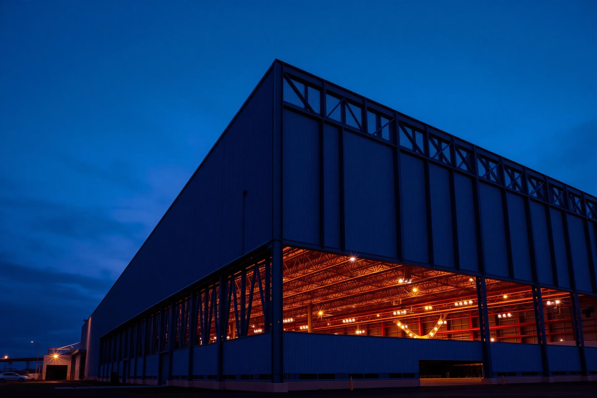 Massive industrial warehouse at twilight with warm interior glow