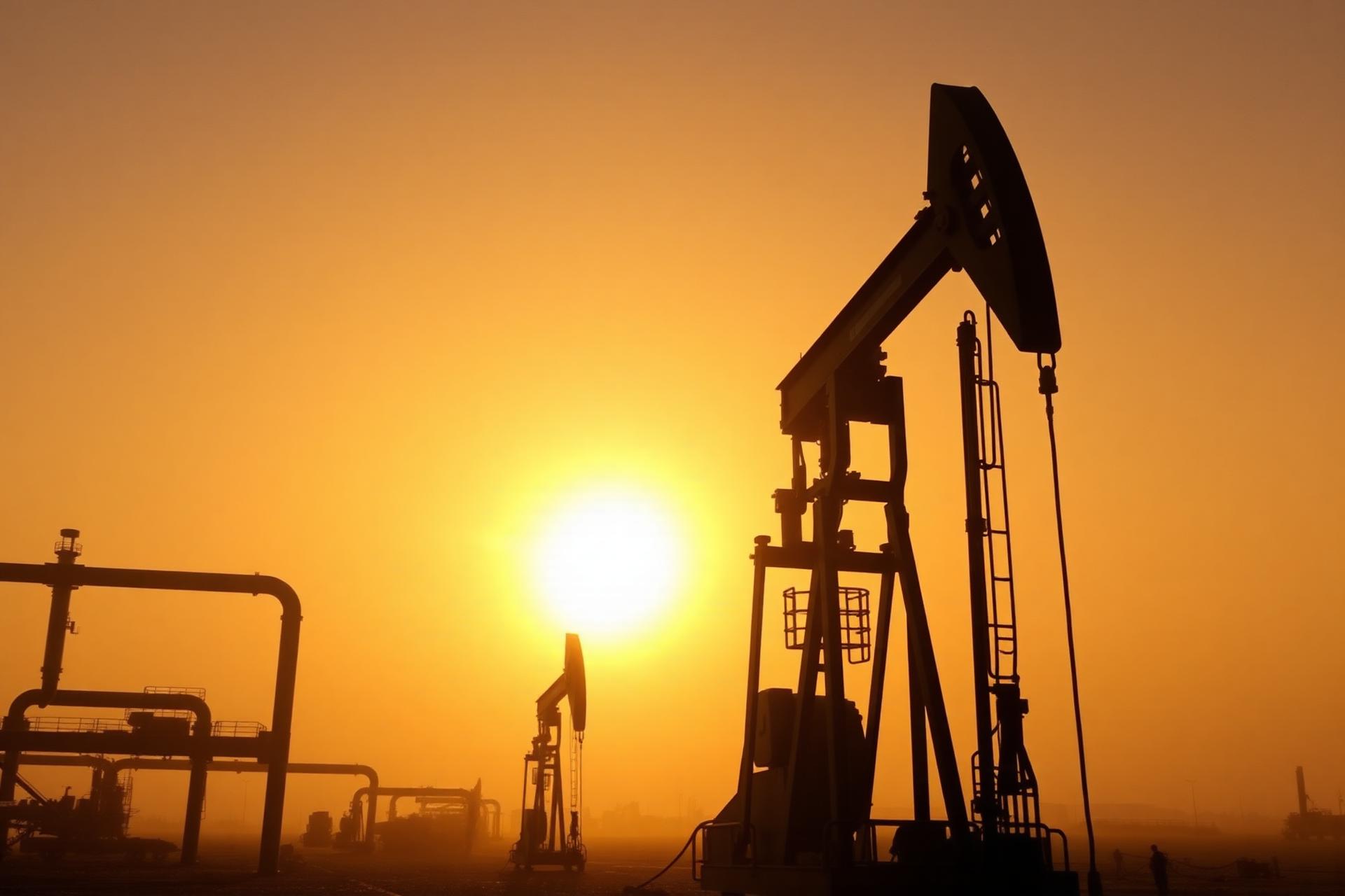 Silhouette of oil pump jacks against an amber sunrise sky