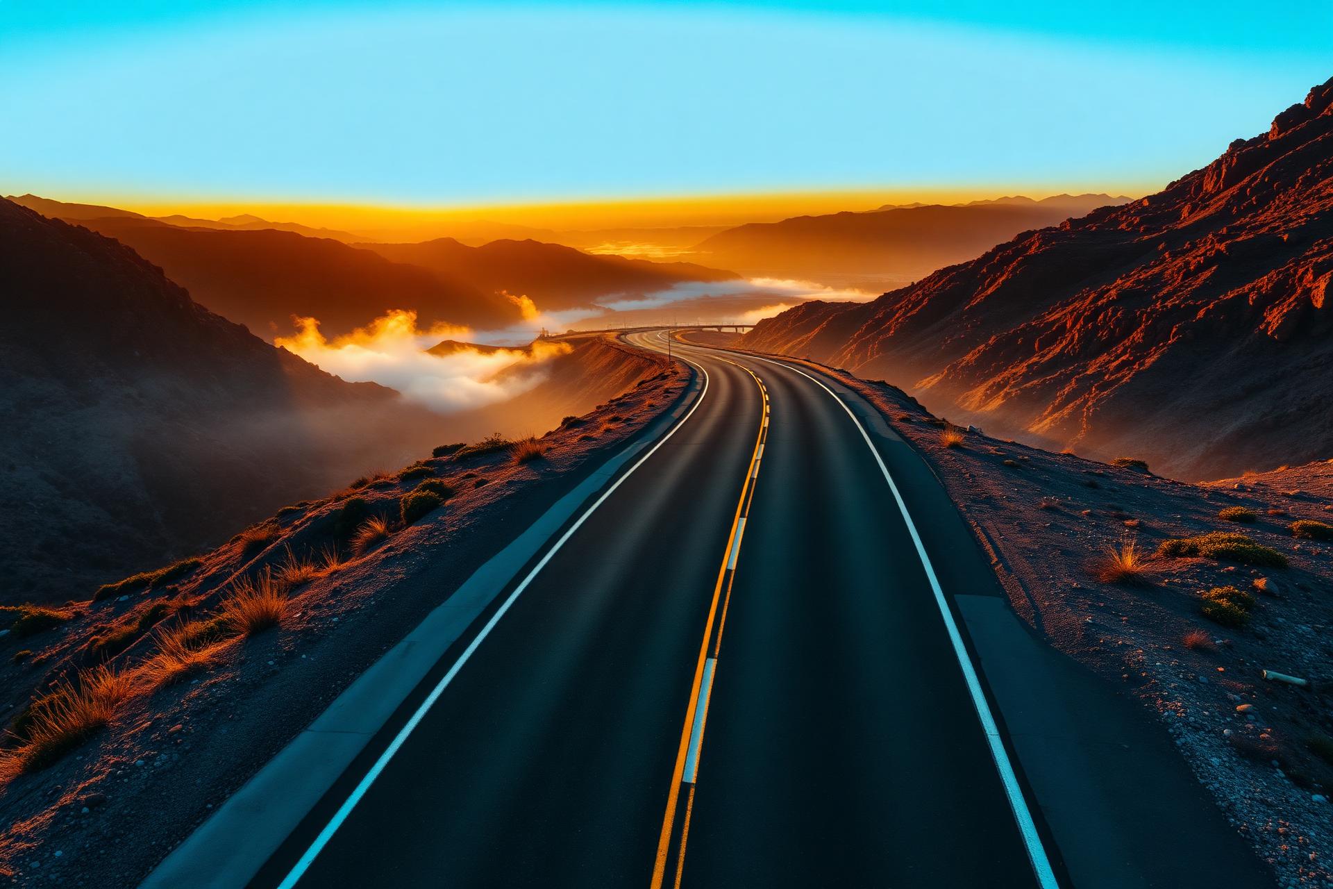 Aerial view of a highway sweeping through mountains at sunset